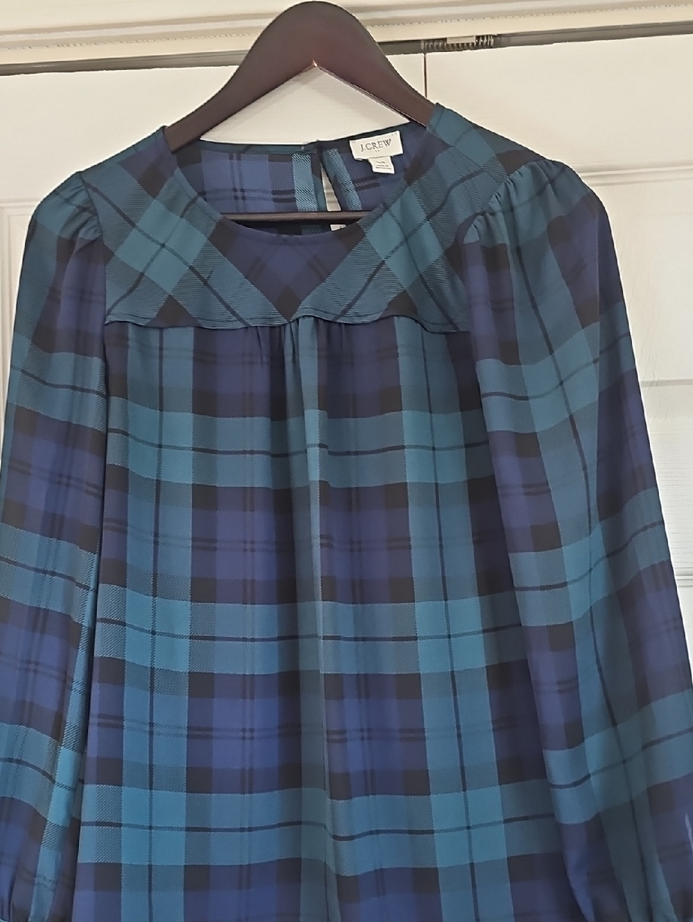 Moving Sale! J. Crew Teal and Navy Plaid Peasant Blouse XS